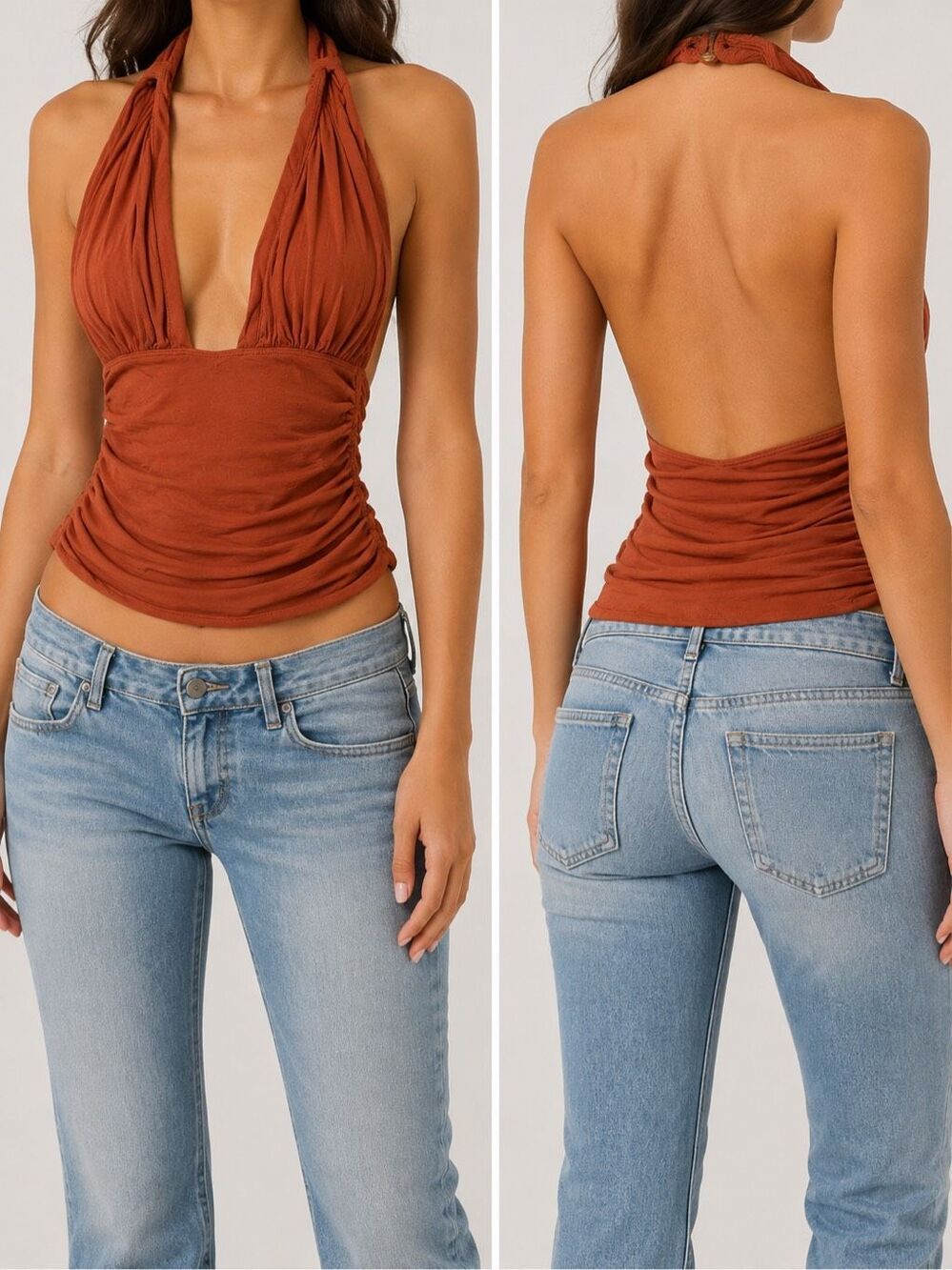 Free People FP One Rust Orange Halter Top S Plunge Ruched Y2K Boho
